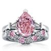 Pear Shaped Pink Stone Wedding Ring Bridal Set in Sterling Silver