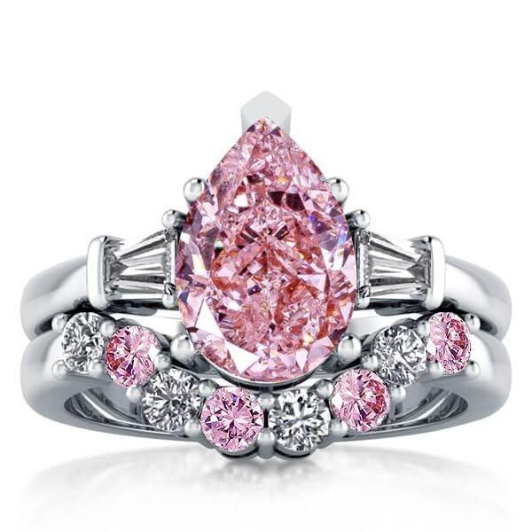 Pear Shaped Pink Stone Wedding Ring Bridal Set in Sterling Silver