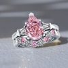 Pear Shaped Pink Stone Wedding Ring Bridal Set in Sterling Silver
