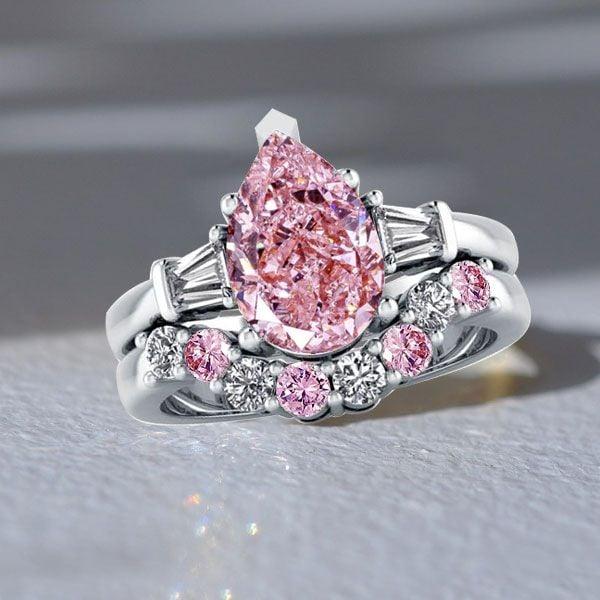Pear Shaped Pink Stone Wedding Ring Bridal Set in Sterling Silver