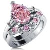 Pear Shaped Pink Stone Wedding Ring Bridal Set in Sterling Silver