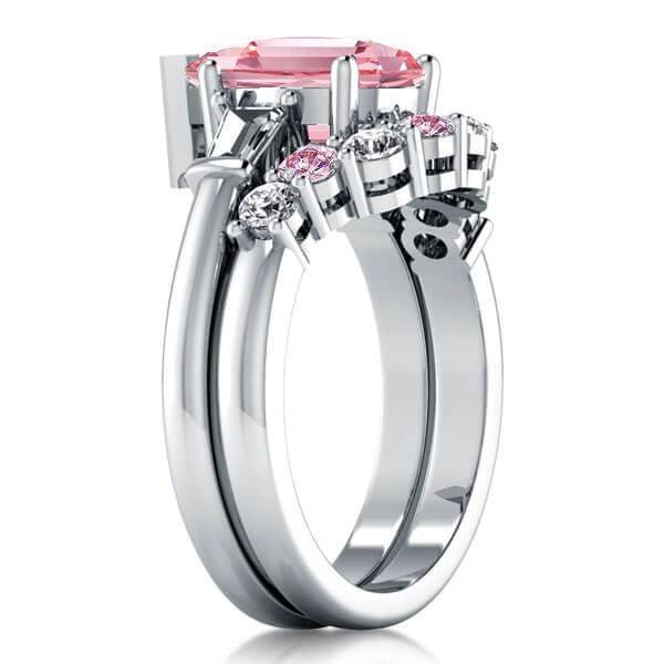 Pear Shaped Pink Stone Wedding Ring Bridal Set in Sterling Silver