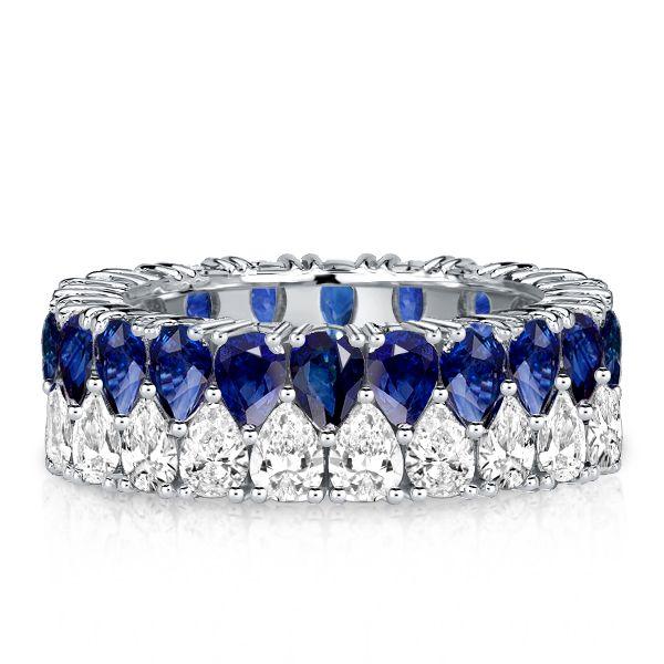 Blue Sapphire & White Pear Eternity Band - Sterling Silver Double Row Ring