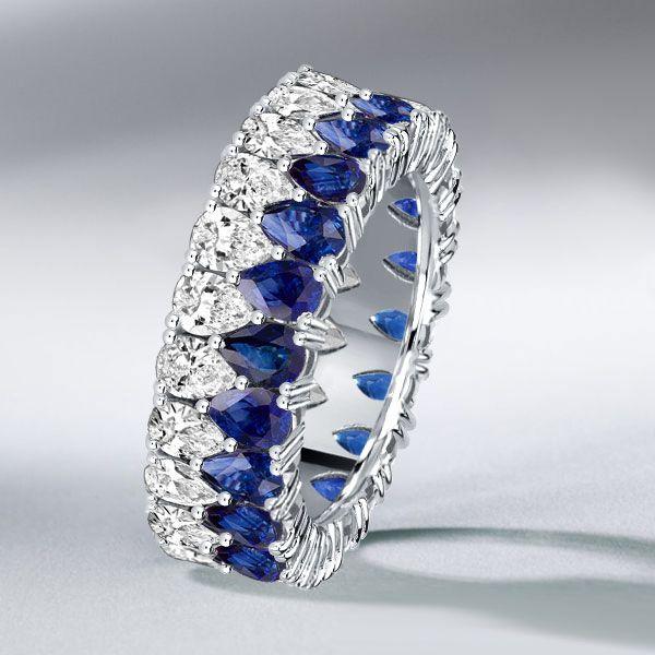 Blue Sapphire & White Pear Eternity Band - Sterling Silver Double Row Ring