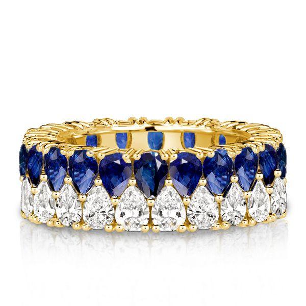Blue Sapphire & White Pear Eternity Band - Sterling Silver Double Row Ring