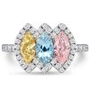 Halo Three Stone Engagement Ring with Colored Marquise Cut Stones in 925 Sterling Silver
