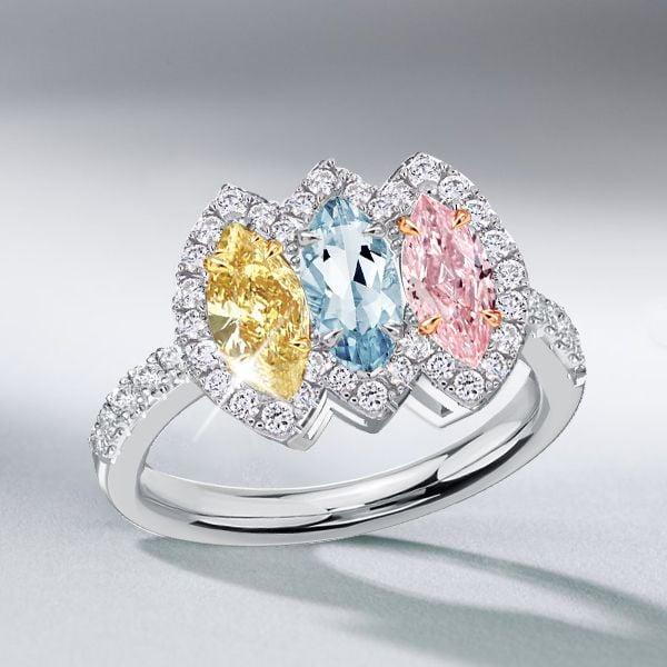 Halo Three Stone Engagement Ring with Colored Marquise Cut Stones in 925 Sterling Silver
