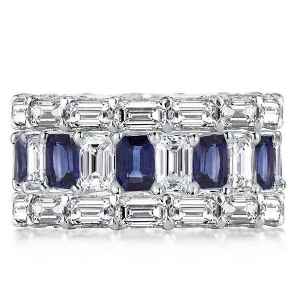 Eternity Sterling Silver Blue Emerald & Baguette Stackable Band Ring Set
