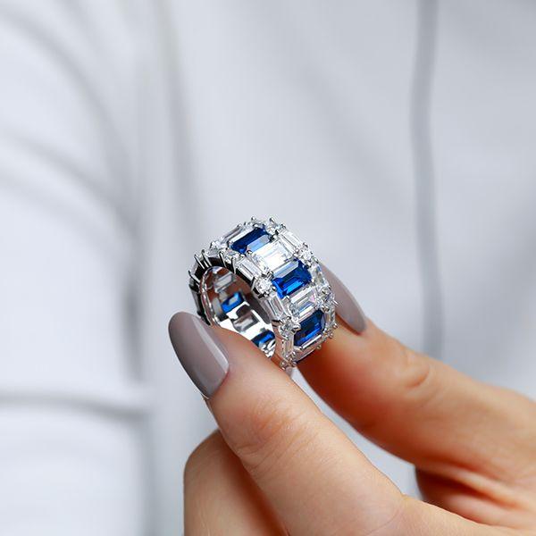 Eternity Sterling Silver Blue Emerald & Baguette Stackable Band Ring Set