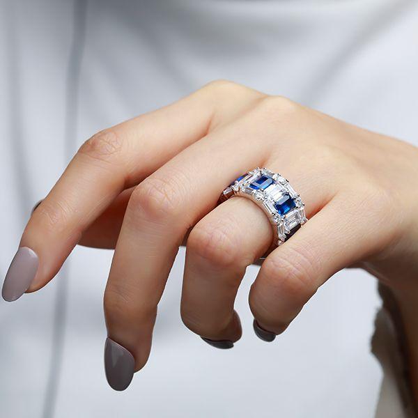 Eternity Sterling Silver Blue Emerald & Baguette Stackable Band Ring Set