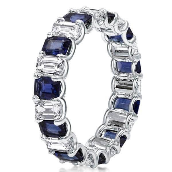 Eternity Sterling Silver Blue Emerald & Baguette Stackable Band Ring Set