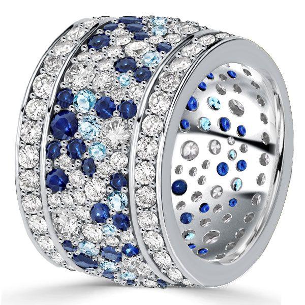 Blue Multi-Row Eternity Wedding Band - 925 Sterling Silver Ring for Women
