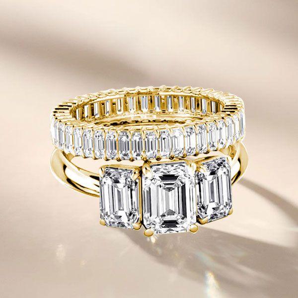 Emerald 3 Stone Bridal Set - 18K Gold Plated Sterling Silver