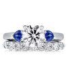 Sapphire Bridal Set: Sterling Silver Round & Pear Cut Three Stone Engagement Ring