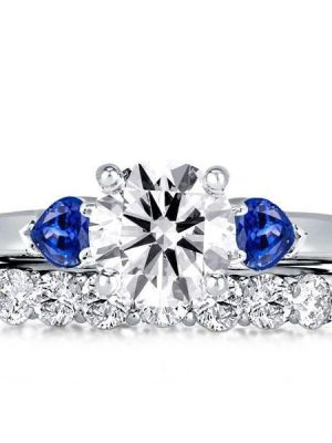 Sapphire Bridal Set: Sterling Silver Round & Pear Cut Three Stone Engagement Ring
