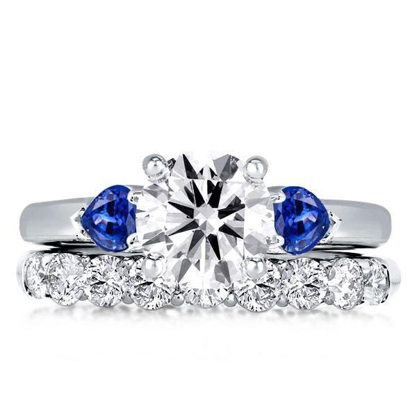Sapphire Bridal Set: Sterling Silver Round & Pear Cut Three Stone Engagement Ring