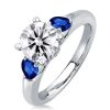 Sapphire Bridal Set: Sterling Silver Round & Pear Cut Three Stone Engagement Ring