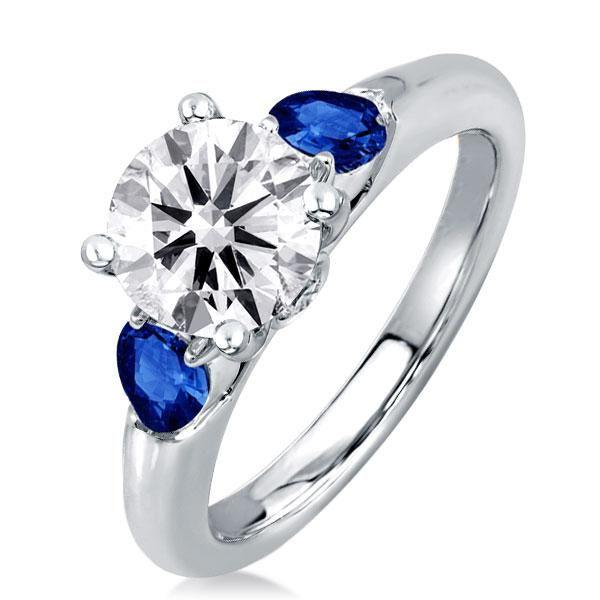 Sapphire Bridal Set: Sterling Silver Round & Pear Cut Three Stone Engagement Ring