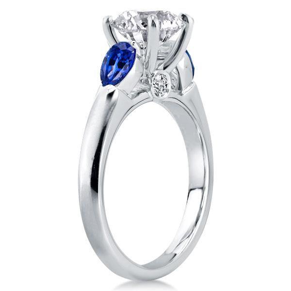 Sapphire Bridal Set: Sterling Silver Round & Pear Cut Three Stone Engagement Ring