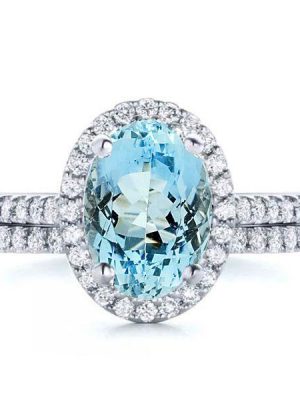 Halo Oval Aquamarine Engagement Ring Set - Sterling Silver