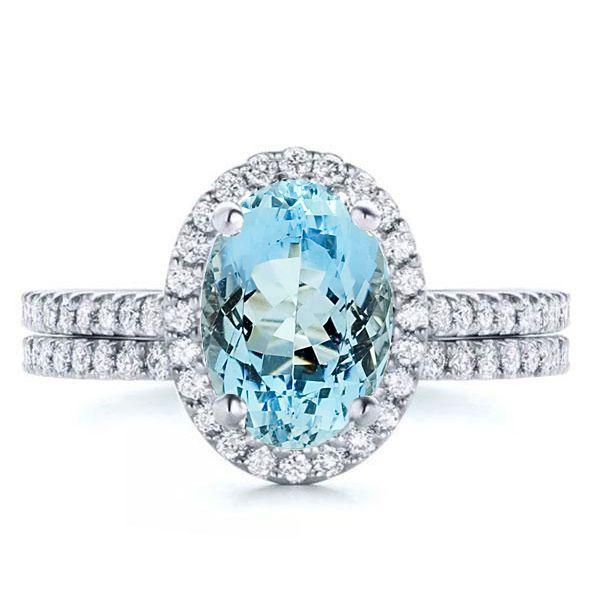 Halo Oval Aquamarine Engagement Ring Set - Sterling Silver