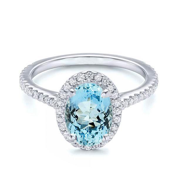 Halo Oval Aquamarine Engagement Ring Set - Sterling Silver