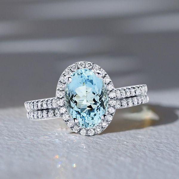 Halo Oval Aquamarine Engagement Ring Set - Sterling Silver