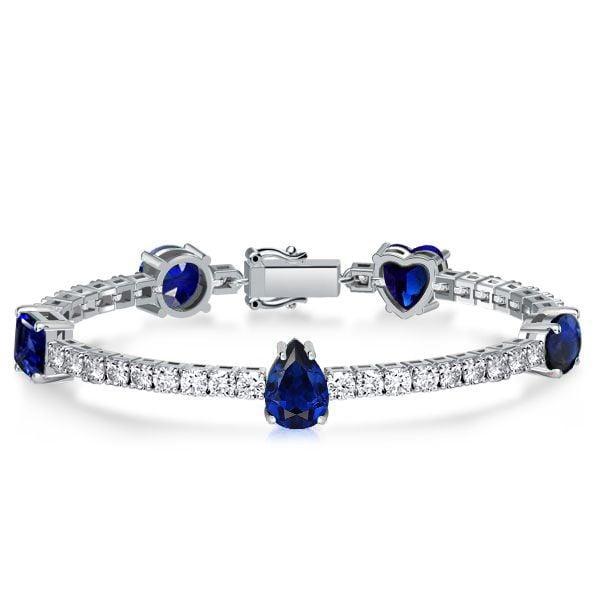 Blue and White Multi-Cut Sapphire Tennis Bracelet in Rhodium-Plated Sterling Silver