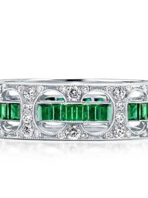 Emerald & Milgrain Art Deco Eternity Wedding Band - Sterling Silver
