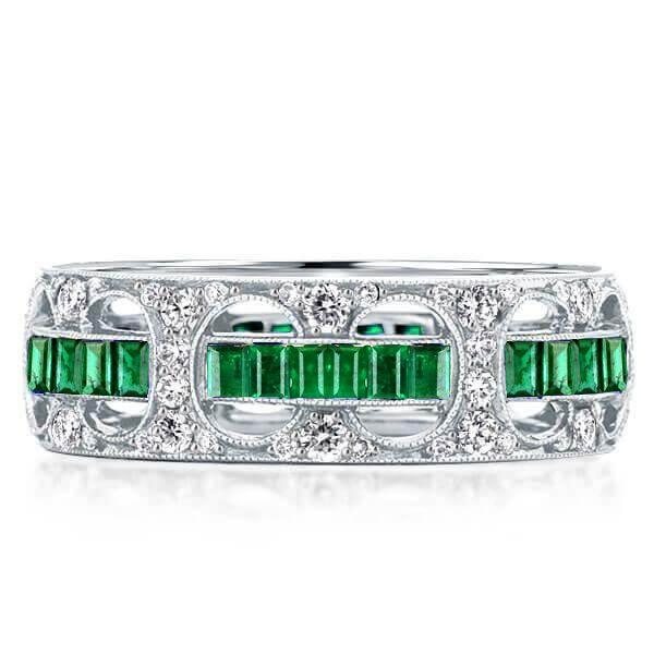Emerald & Milgrain Art Deco Eternity Wedding Band - Sterling Silver