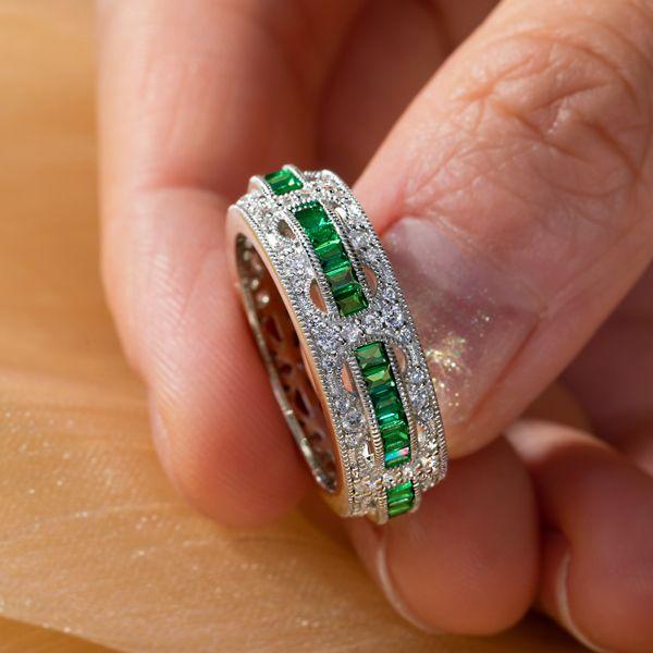Emerald & Milgrain Art Deco Eternity Wedding Band - Sterling Silver