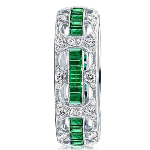 Emerald & Milgrain Art Deco Eternity Wedding Band - Sterling Silver