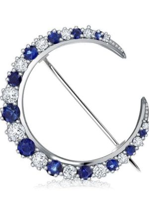 Sterling Silver Blue Sapphire Crescent Moon Brooch for Women, 3.44 CT. TW