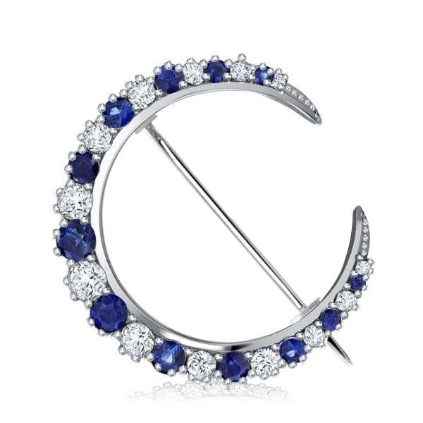 Sterling Silver Blue Sapphire Crescent Moon Brooch for Women, 3.44 CT. TW