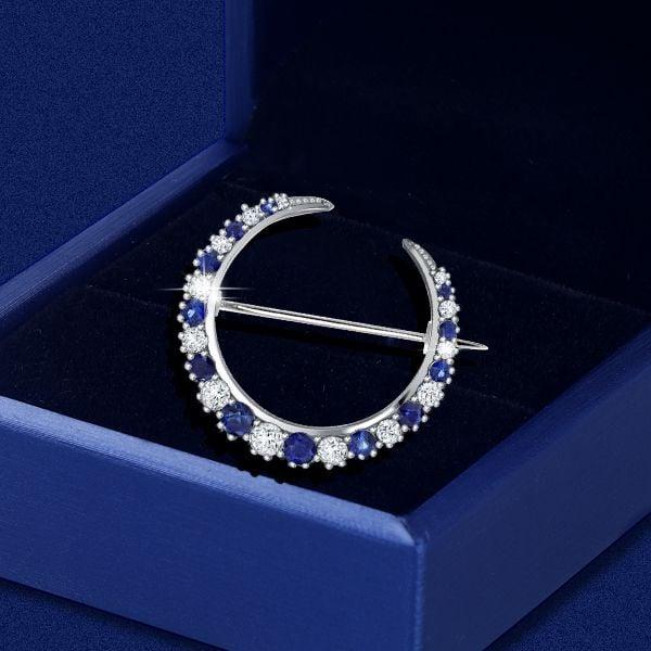 Sterling Silver Blue Sapphire Crescent Moon Brooch for Women, 3.44 CT. TW
