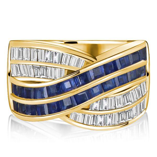 Criss-Cross Anniversary Ring - Blue & White CZ in 18K Gold Plated Sterling Silver