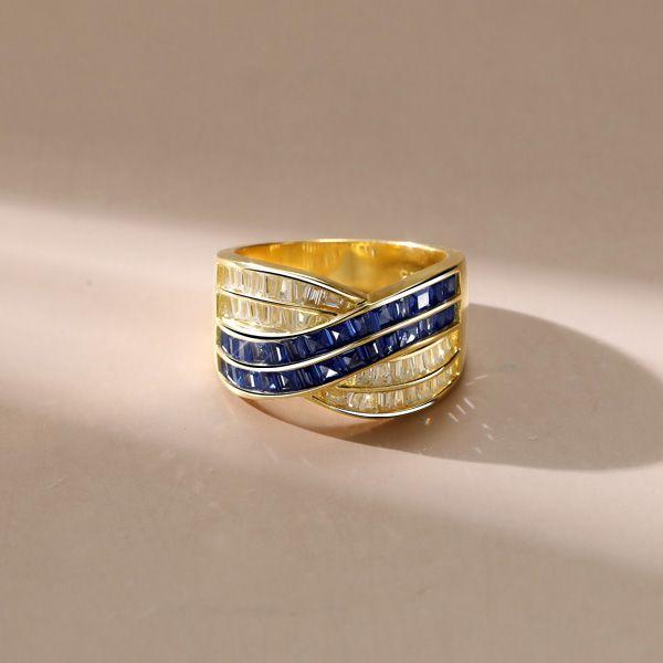 Criss-Cross Anniversary Ring - Blue & White CZ in 18K Gold Plated Sterling Silver