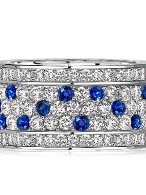 Sterling Silver Blue and White Sapphire Pave Eternity Band Ring (4.32 CTW)