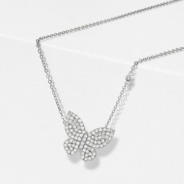 Dancing Butterfly Sterling Silver Pendant Necklace - Round White Charm for Women