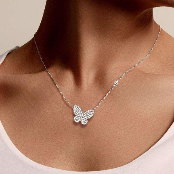 Dancing Butterfly Sterling Silver Pendant Necklace - Round White Charm for Women