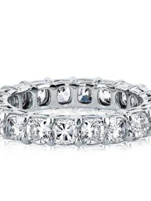 Created White Sapphire Cushion Cut Eternity Wedding Band in Rhodium-Plated Sterling Silver