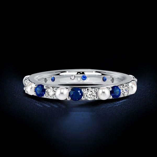 Sterling Silver White & Blue Sapphire Pearl Eternity Band Ring for Women
