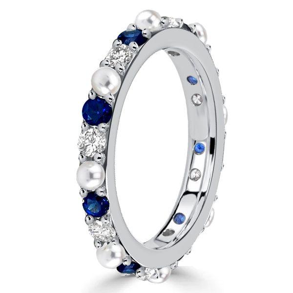 Sterling Silver White & Blue Sapphire Pearl Eternity Band Ring for Women