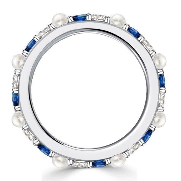 Sterling Silver White & Blue Sapphire Pearl Eternity Band Ring for Women