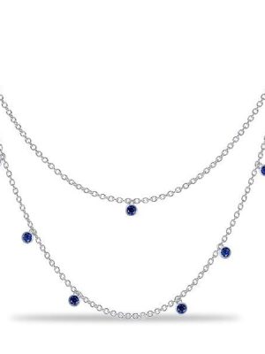 Bezel Set Blue Sapphire Double Row Chain Necklace in 925 Sterling Silver for Women