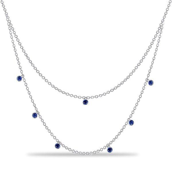Bezel Set Blue Sapphire Double Row Chain Necklace in 925 Sterling Silver for Women