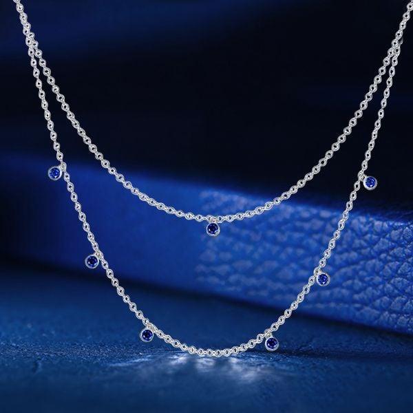 Bezel Set Blue Sapphire Double Row Chain Necklace in 925 Sterling Silver for Women