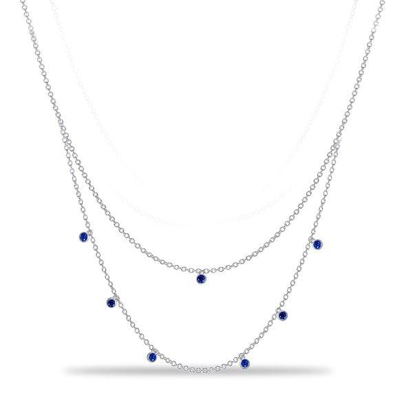 Bezel Set Blue Sapphire Double Row Chain Necklace in 925 Sterling Silver for Women