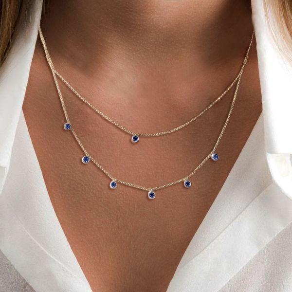 Bezel Set Blue Sapphire Double Row Chain Necklace in 925 Sterling Silver for Women
