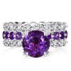 Round Cut Purple and White Sapphire Eternity 3-Piece Wedding Ring Set in Sterling Silver